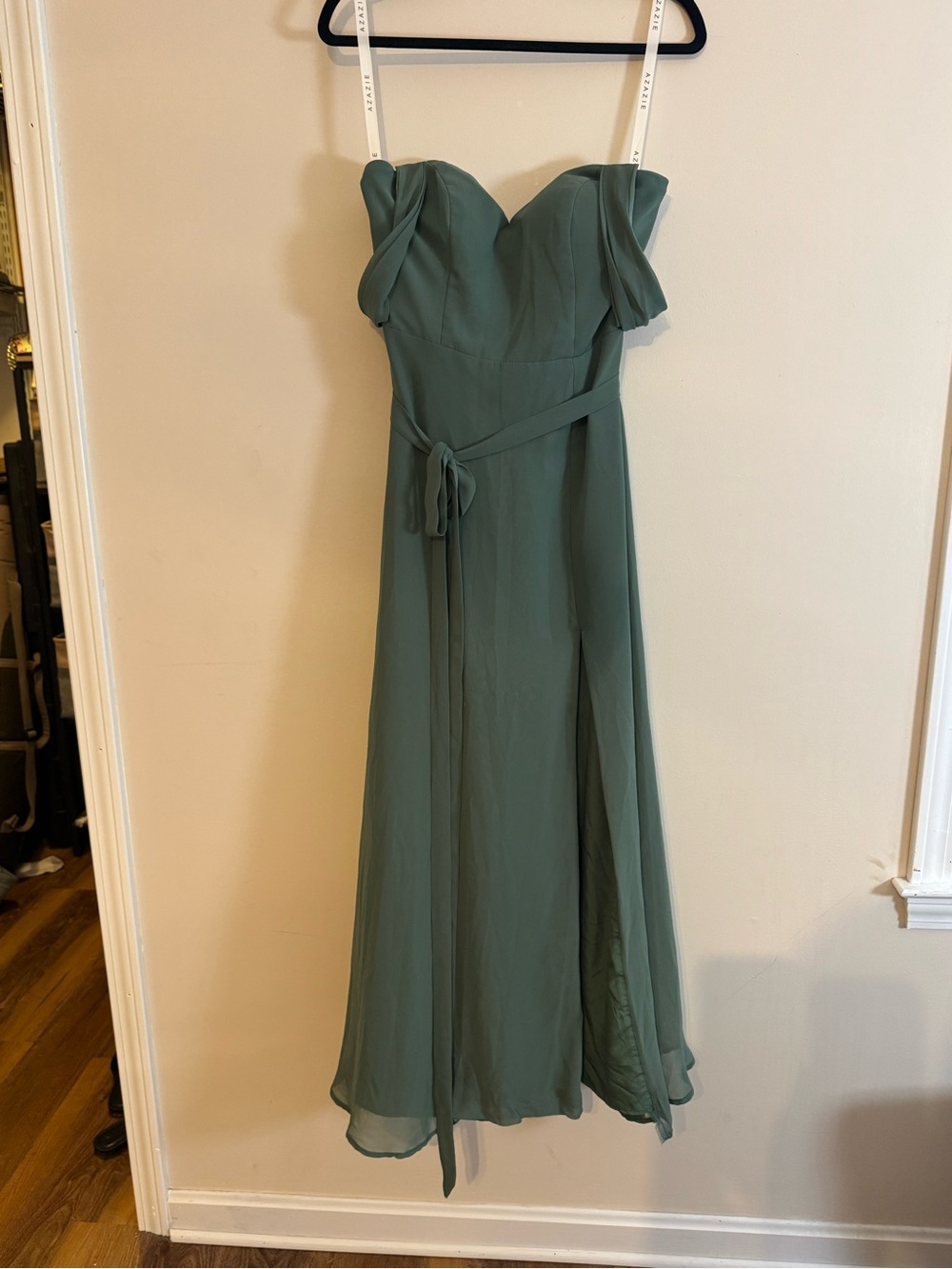 Azazie Sage Green Off Shoulder Chiffon Bridesmaid Dress Size 4